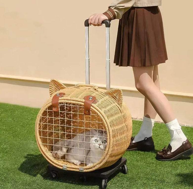 Rattan weaving Durable Wheel-Equipped Animal Transport Tote - Ideal for Carrying Cats or Dogs under 20lbs Easily during Travels