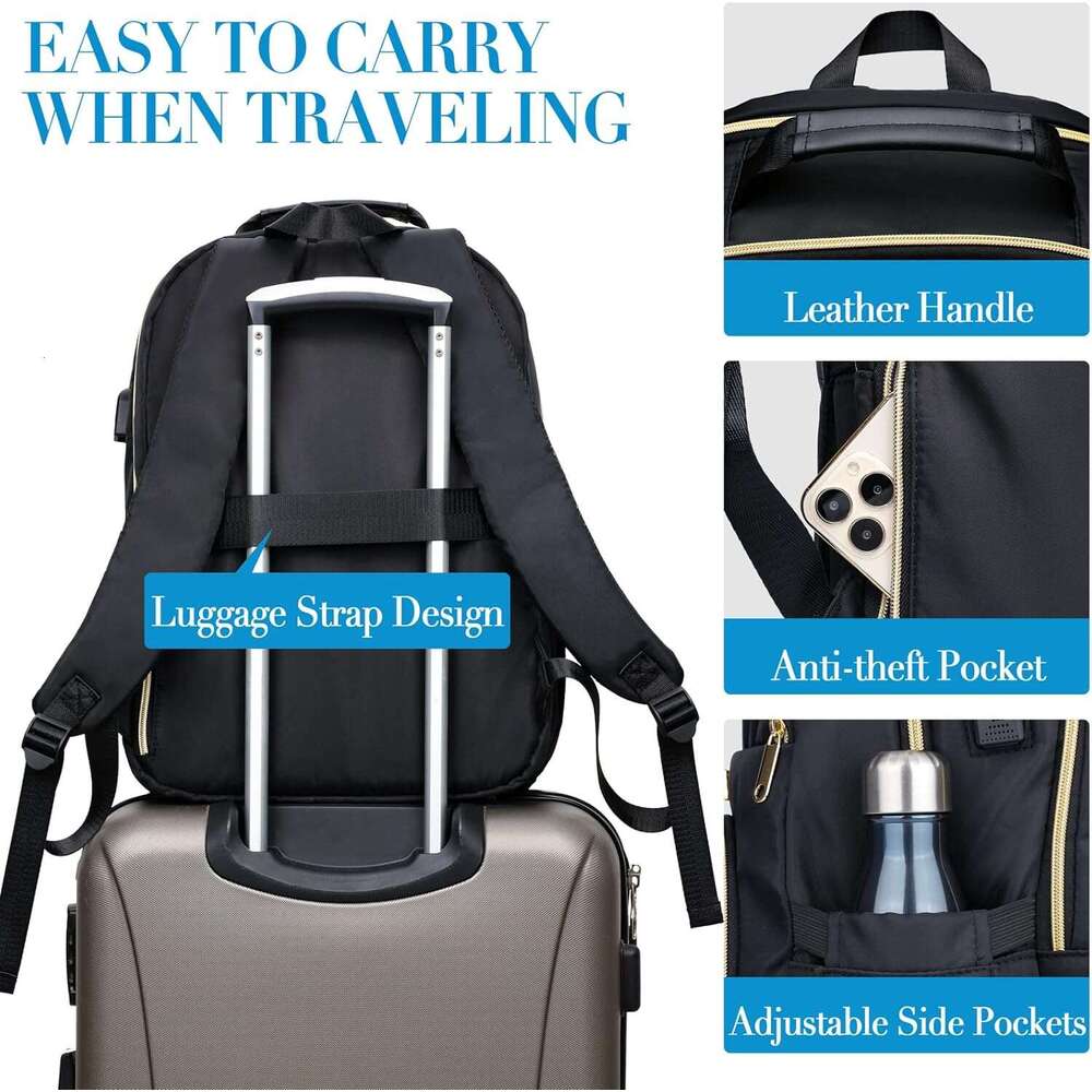 Kuosdaz Backpacks Women, Teen Girls, 15.6 Inch Cute Quilted Laptop Backpack with USB Charging, Large Bookbag for Middle School College Students, Black