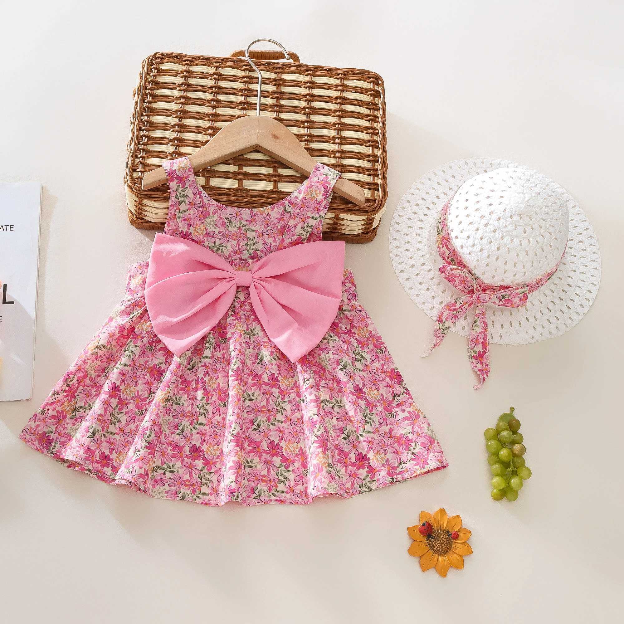 Summer 2-Piece Baby Dress+Sun Hat Bow Strap Floral Baby Girl Dress Soft And Comfortable ChildrenS Clothing R250707