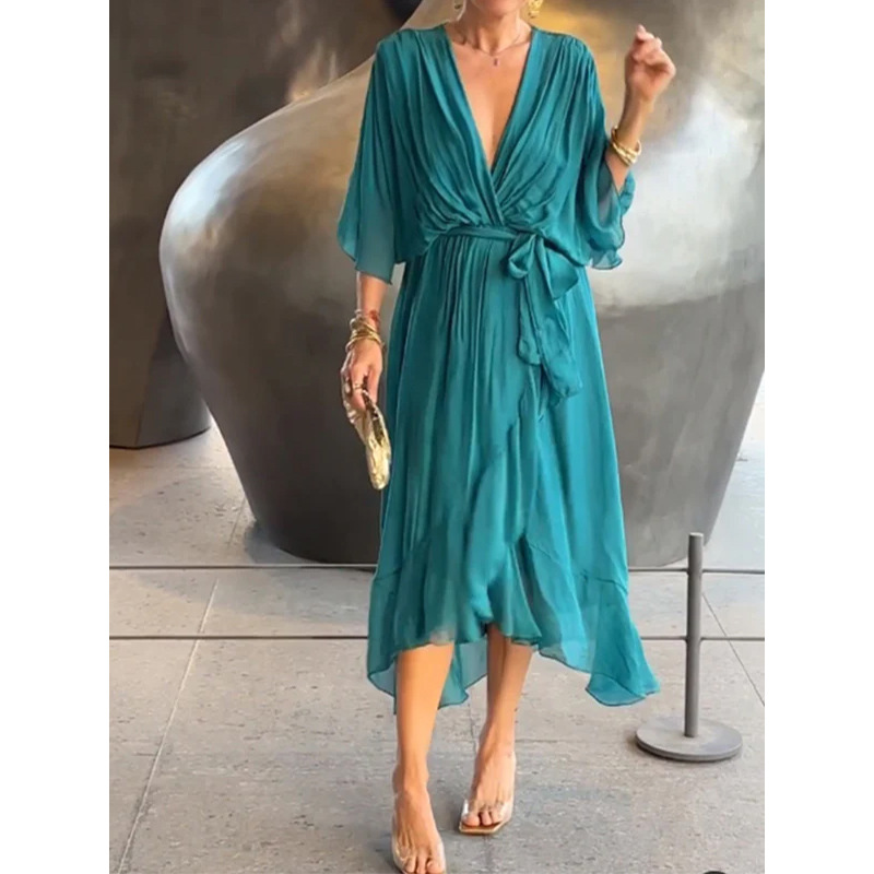 H628Women's solid color lace-up long skirt bat sleeve irregular dress
