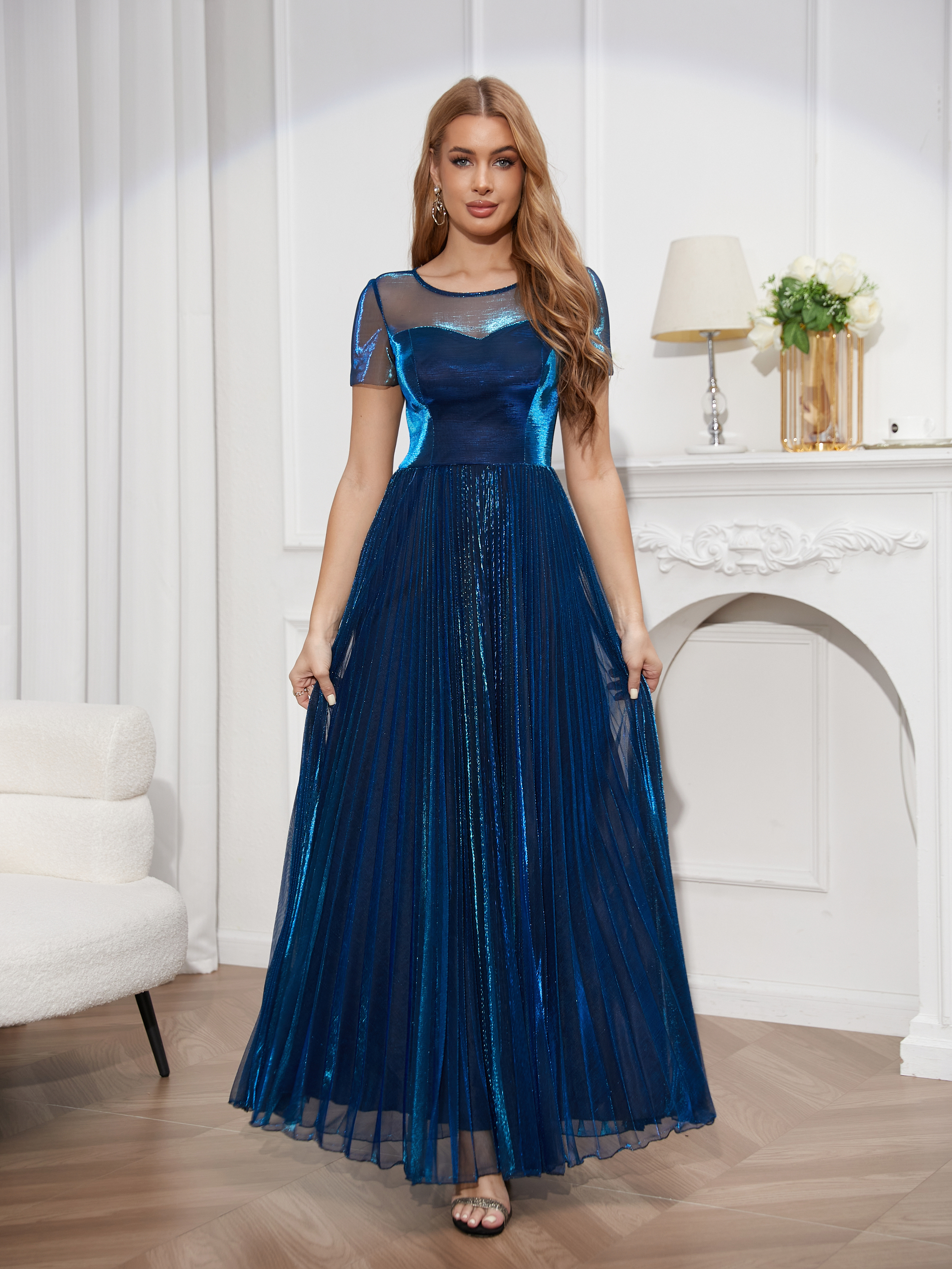 Fashion pleated prom dress, bridesmaid dress, slim prom dress, elegant tulle sexy perspective dress