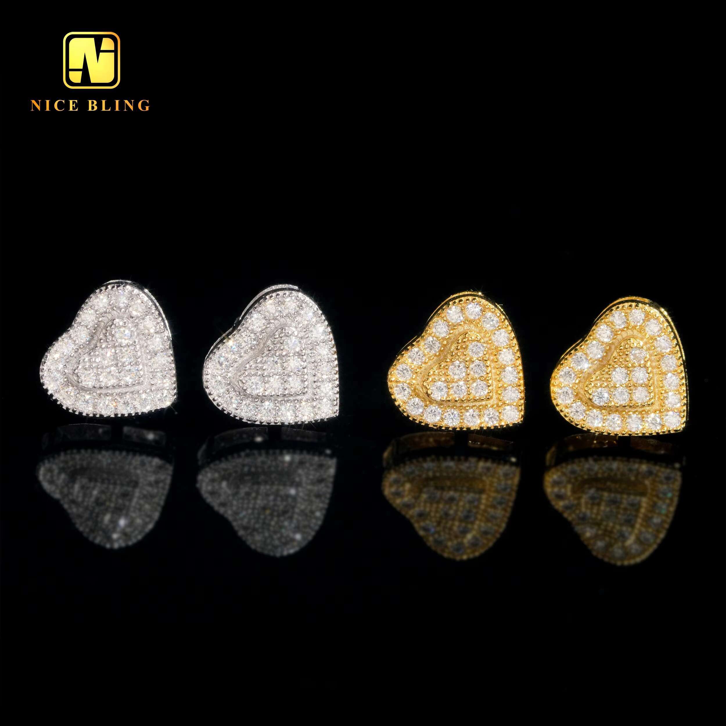 Screw Back Earrings 18K Gold Plated Heart Shape Ear Studs Fine Jewelry Hip Hop Silver Moissanite Diamond Earrings for Men Women