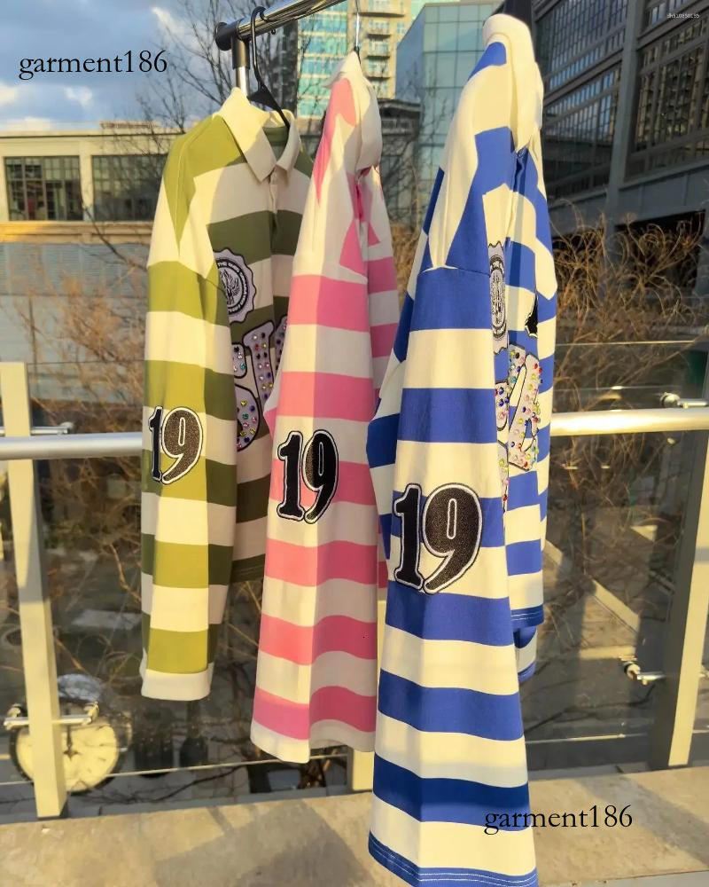 Men's T Shirts Haruku Top SUME Text Rhie Print Long Sleeved Shirt Style Retro Striped Hip-hop Street Collar be1