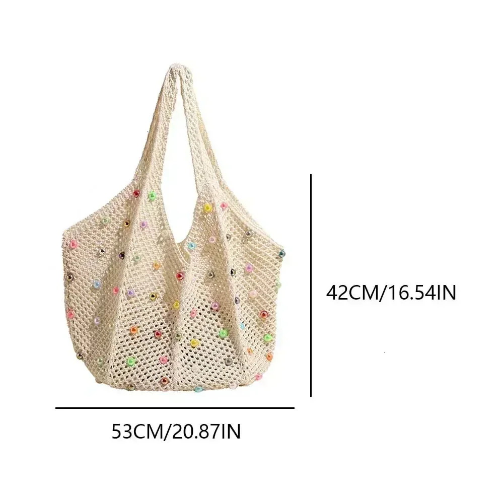 Women Boho Crochet Bag with Colored Beads Aesthetic Knit Bag Large Capacity Knitted Tote Handbag Ladies Daily Handbag 250627