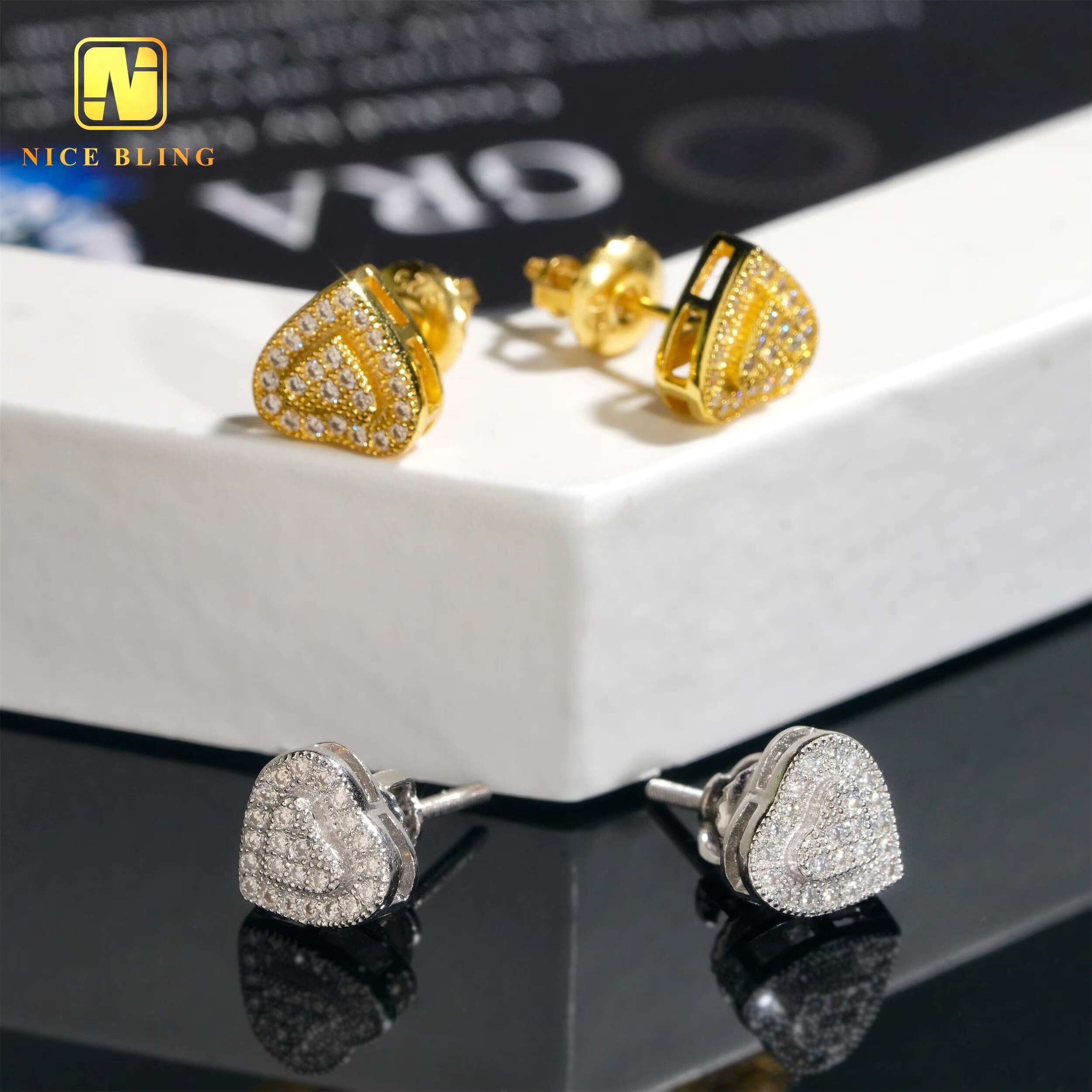 Screw Back Earrings 18K Gold Plated Heart Shape Ear Studs Fine Jewelry Hip Hop Silver Moissanite Diamond Earrings for Men Women