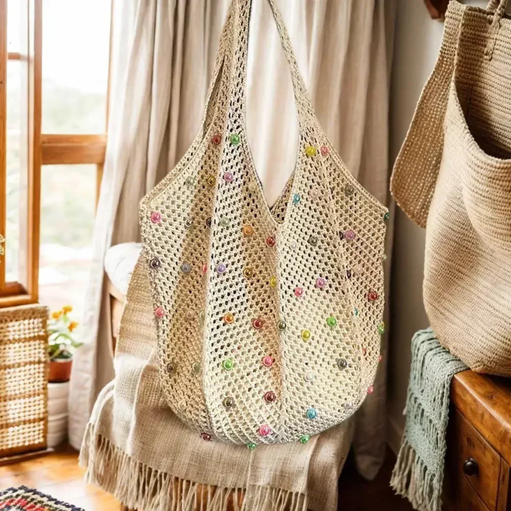 Women Boho Crochet Bag with Colored Beads Aesthetic Knit Bag Large Capacity Knitted Tote Handbag Ladies Daily Handbag 250627