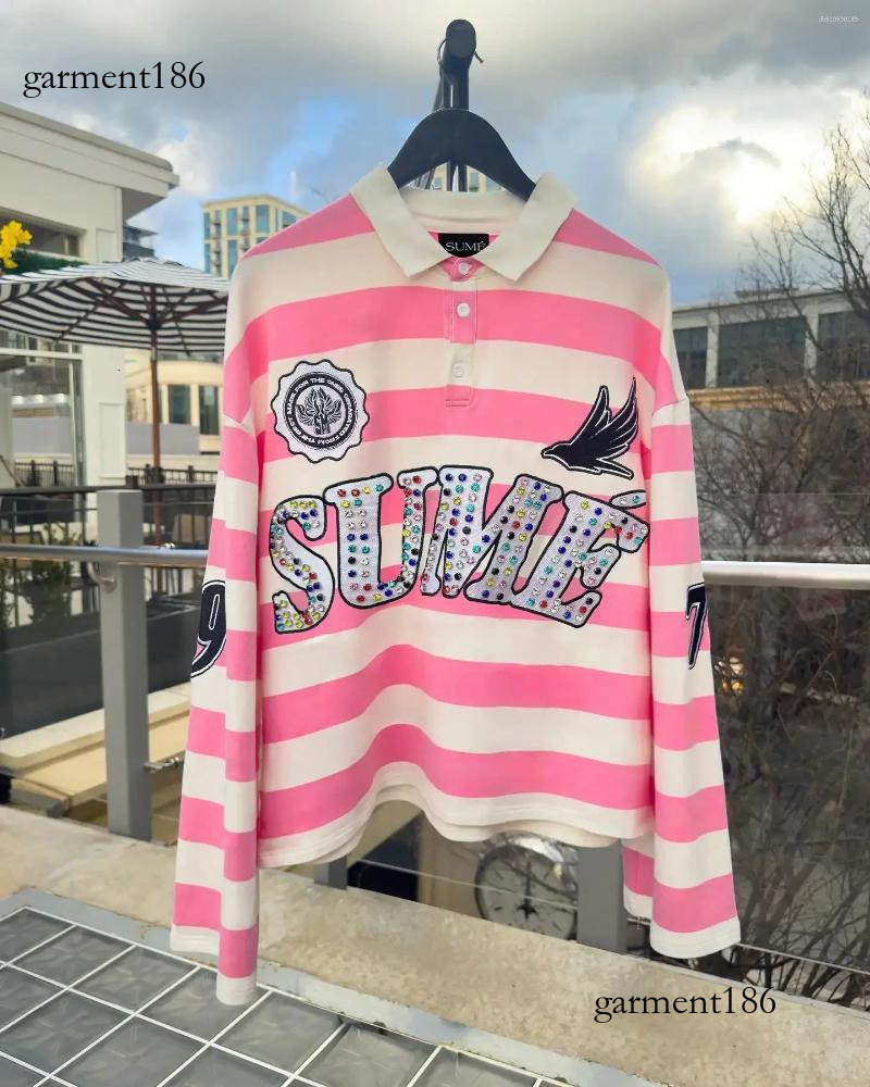 Men's T Shirts Haruku Top SUME Text Rhie Print Long Sleeved Shirt Style Retro Striped Hip-hop Street Collar be1