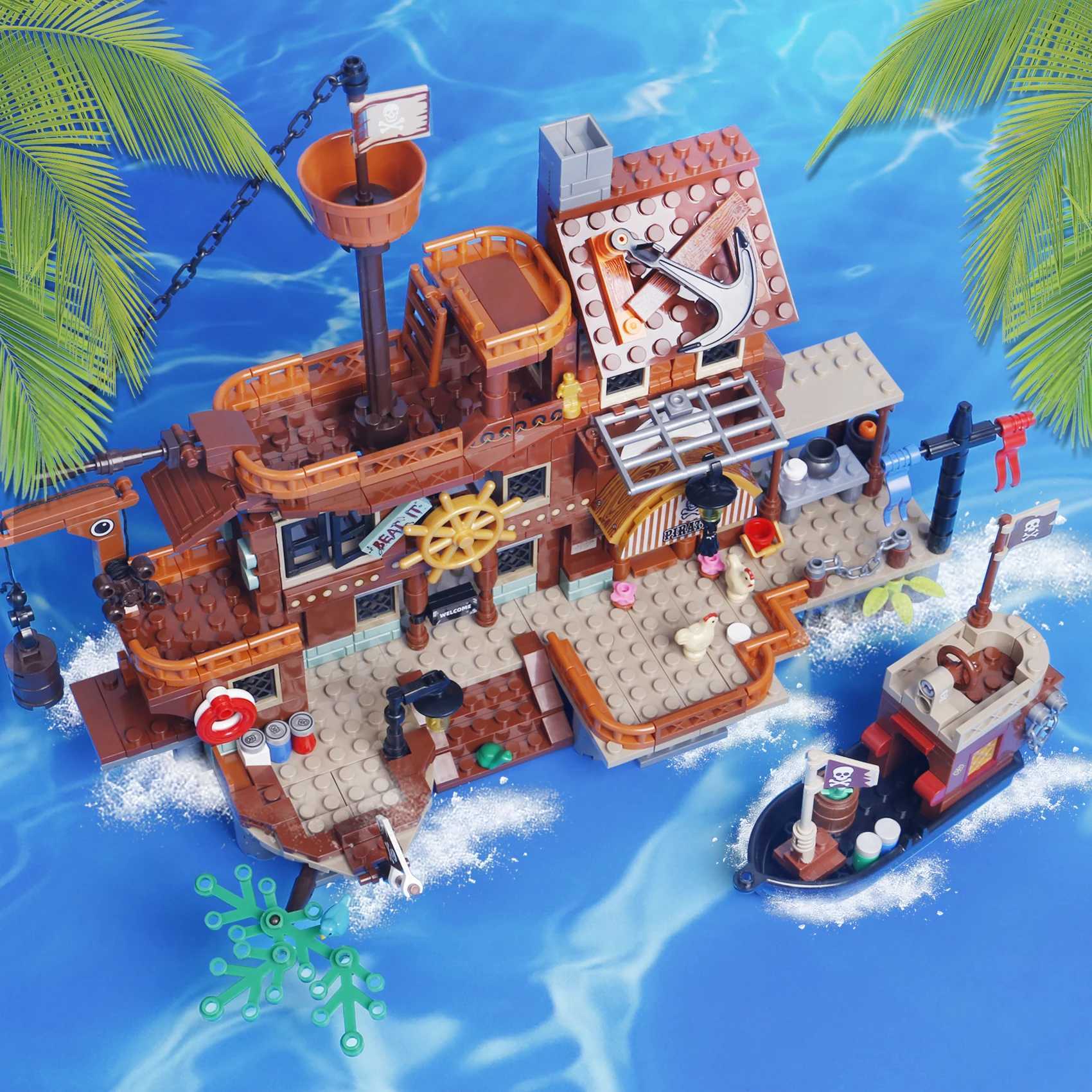 675PCS Creative Medieval Pirates Island House Port and Pirate Ship Building Blocks Assemble Bricks Toys Gift For Children Kids Y250627
