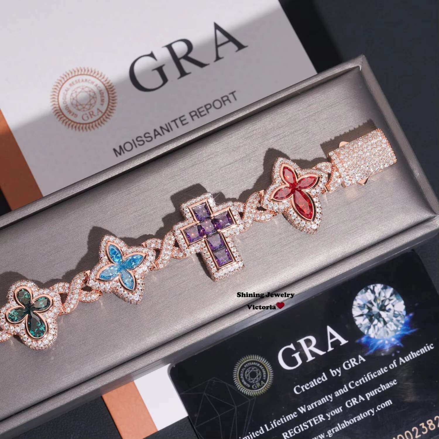 Rose Gold Plated Solid Silver Clover Cross Charm Link Men Bracelet With Color Moissanite Diamond 18MM Width