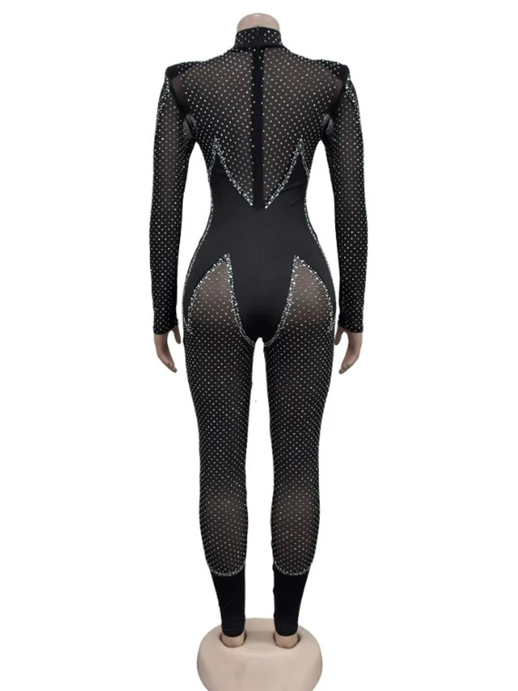 Kricesseen Sparkle Long Sleeve Black Rhinestones Mesh Skinny Crystal Jumpsuits Glam Hollow Out Fitted Diamonds Rompers Clubwear 250624