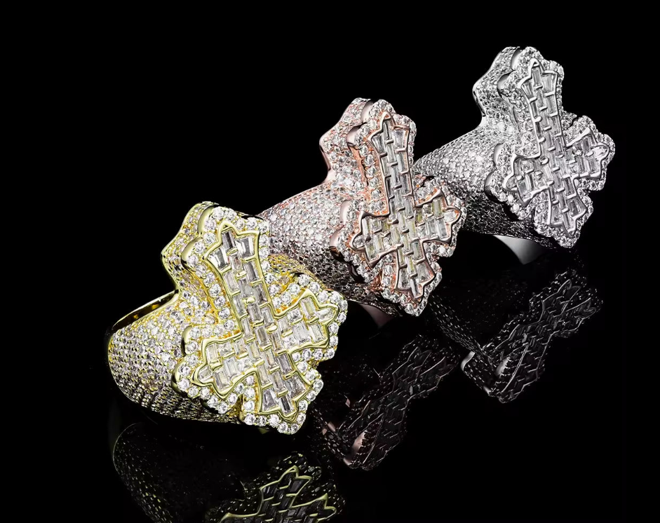 Hip Hop Style Men Jesus 925 Sterling Silver Ice Out Baguette Cross Moissanite Ring