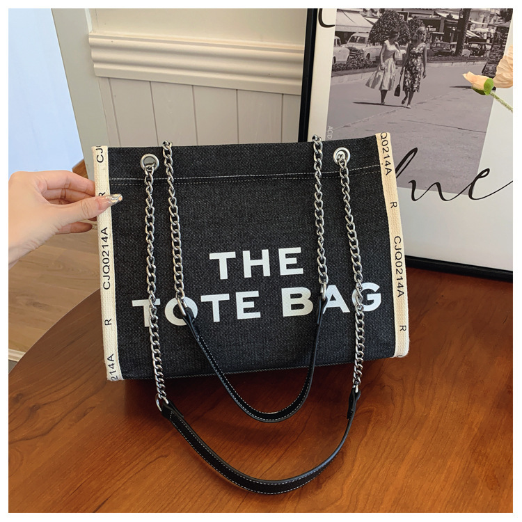 Cross-border foreign trade 2025 Spring New Fashion letter print large-capacity denim canvas tote bag commuting chain 0001