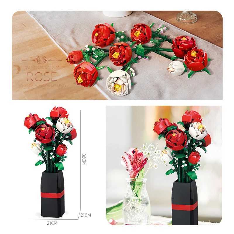 Creative Red Rose Vase Plants Model Building Blocks Moc Romantic Classic Flowers Bouquet Potted Bricks Toys Valentines Day Gift Y250627
