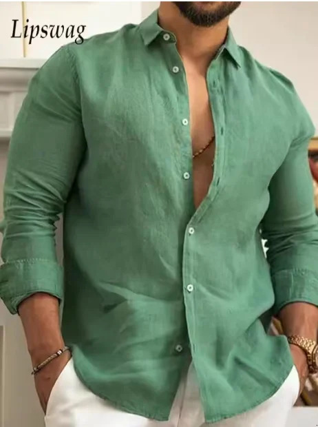 Solid Color Cotton Linen Plain Shirt Men Classic Button-up Lapel Long Sleeve Shirts Spring Summer Fashion Loose Mens Top Shirts 250628
