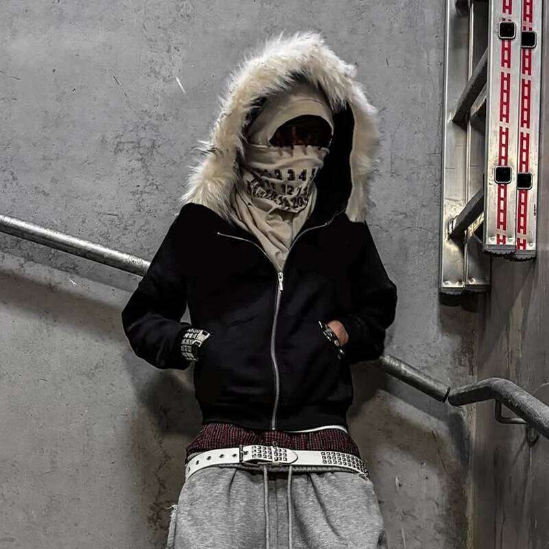 Fluffy Hat Solid Color Casual Long Sleeve Hoodie Retro Coat Street Trend y2k