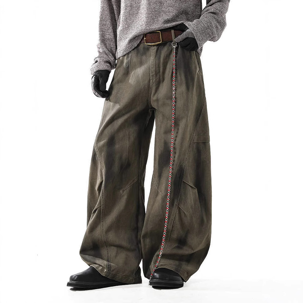 Designer Men's Jeans, Washed Retro Curved Knife Jeans, Men's Fashionable Loose Multi-functional Wide-leg Casual Work Pants, Men's Loose
