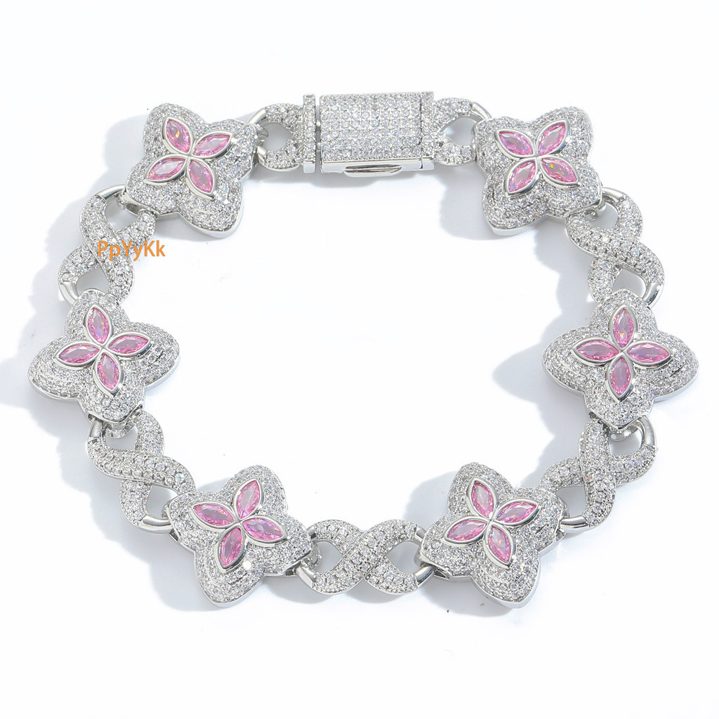 Unisex Pink Moissanite Iced Out Four Leaf Clover Bracelet Hip Hop Stylish Cool Luxury Bling Bling Accessory Pass the diamond tester