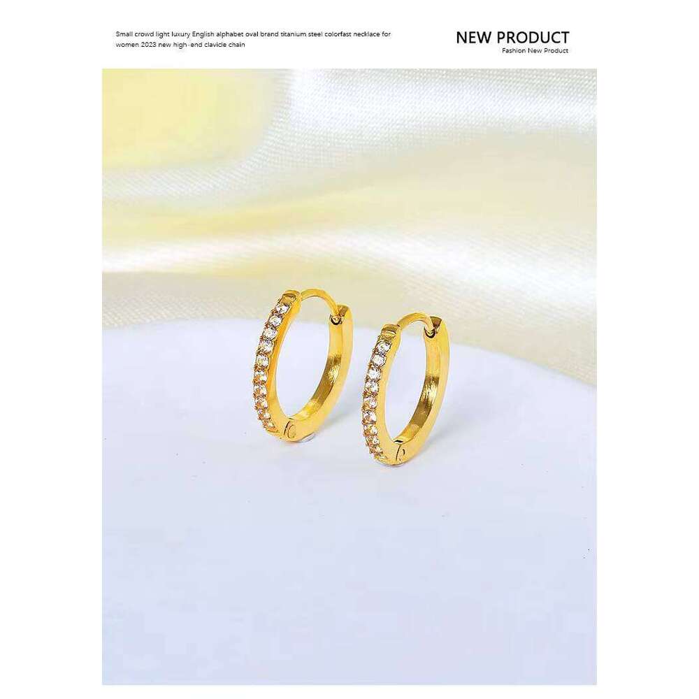 Simple Korean Fashion Trendy High Sense Stainless Titanium Steel Plain Hoop Earrings Zircon Inlay Dia Gold Jewelry