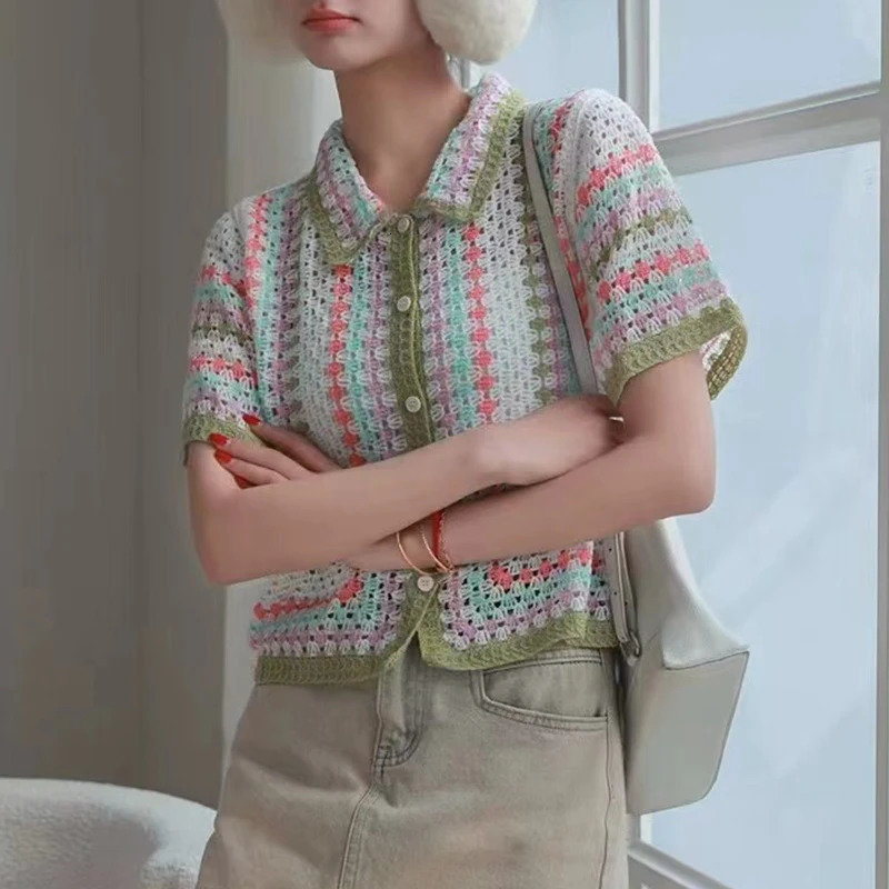 Breezy Striped Crochet Shirt Collored Button-down Short Sleeve Open-knit Shirts Blouses Women Teen-girl Summer Boho Beach Outfit 250627