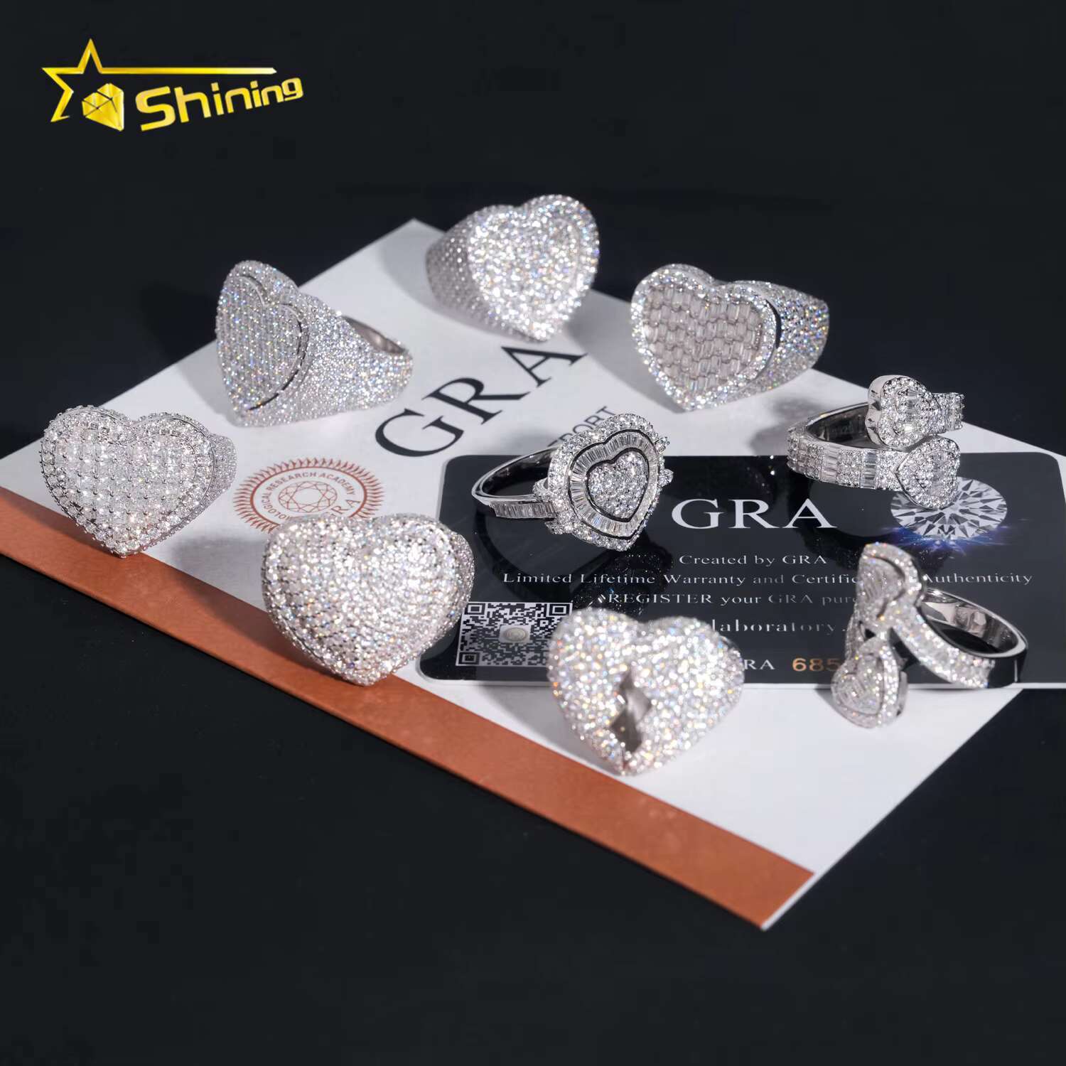 Stocks Fine Jewelry 925 Sterling Silver Gold Plated Ice Out Men Rings Heart Shape VVS Moissanite Hip Hop Ring