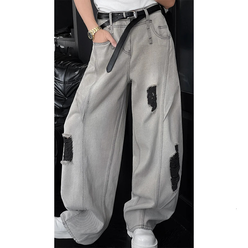 Designer Men's Jeans Ripped Seam Jeans For Men, Summer Thin American High Street Style, Trendy Loose Straight Wide-leg Casual Pants Loose Casual 