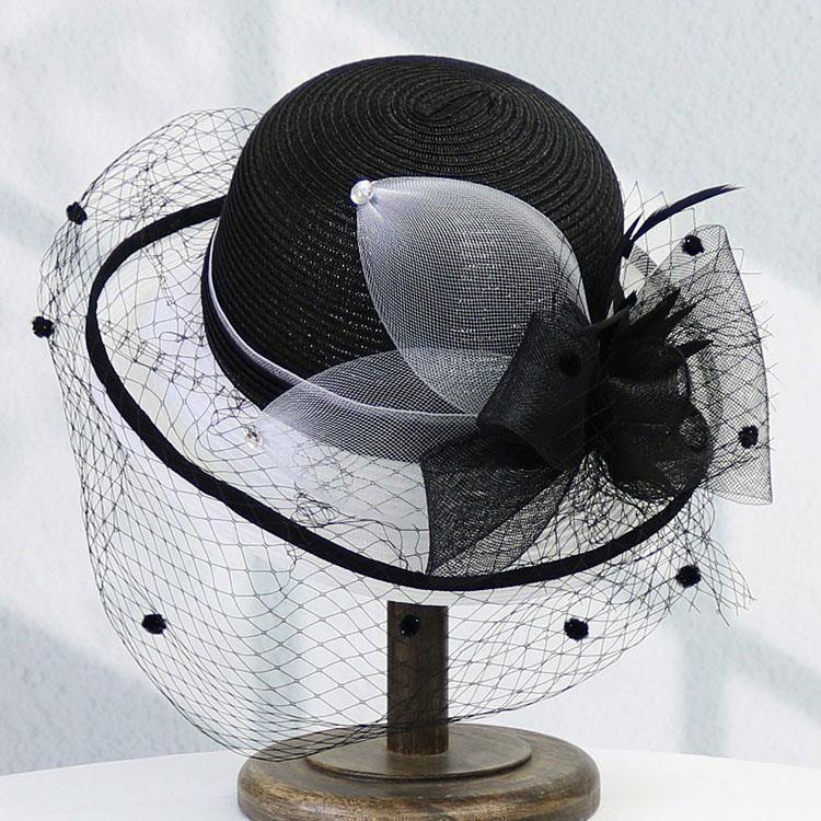 Womens Summer Round Top Fisherman Hat with Mesh Flower Edge Elegant British Socialite Bucket Hat Sun Protection Hat 250410
