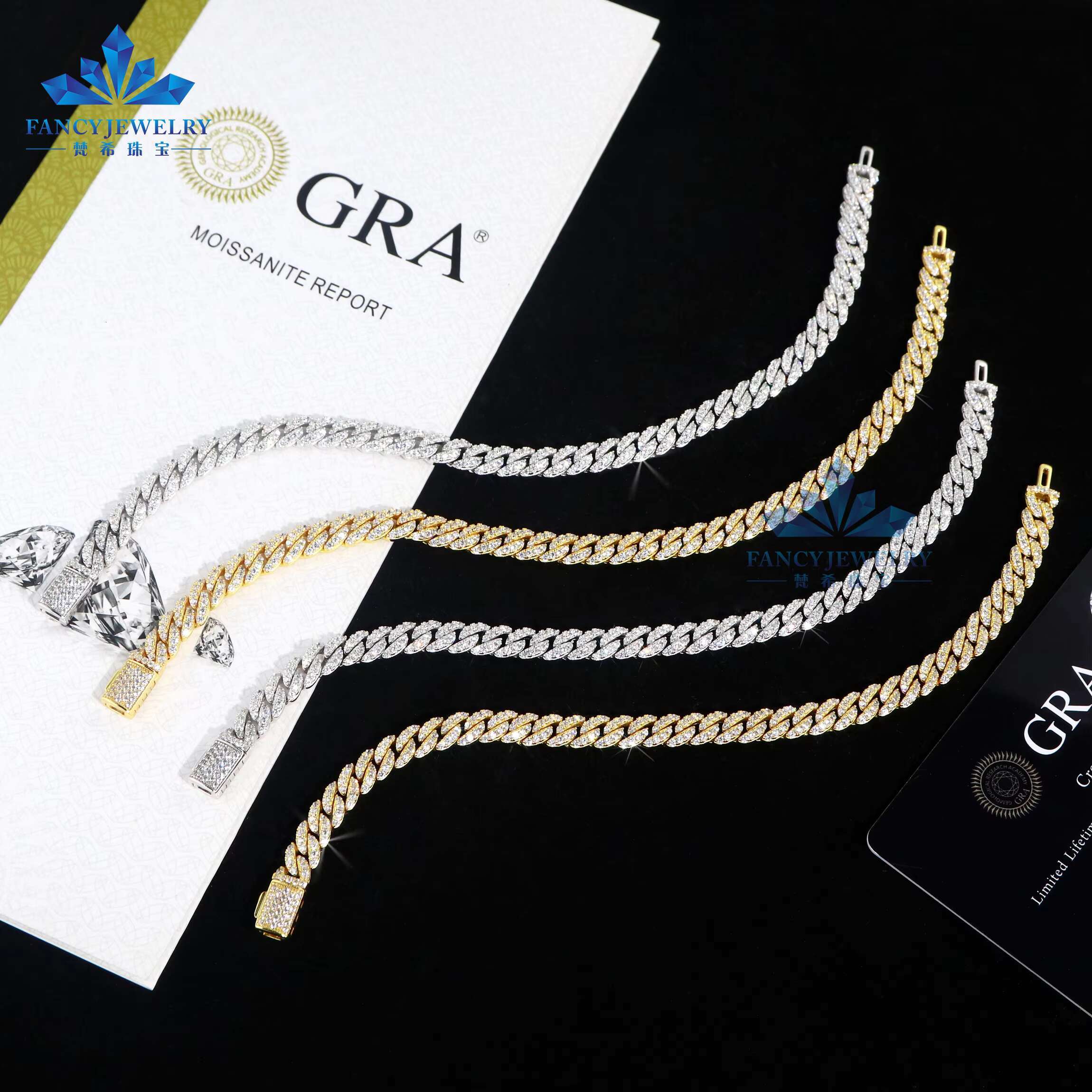 Hot Popular GRA Moissanite Diamond Bracelet Hiphop 925 Sterling Silver Cuban Chain 6MM Single Row Miami Cuban Bracelet