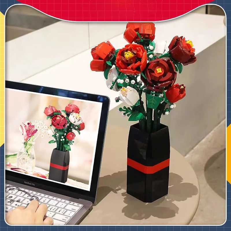 Creative Red Rose Vase Plants Model Building Blocks Moc Romantic Classic Flowers Bouquet Potted Bricks Toys Valentines Day Gift Y250627
