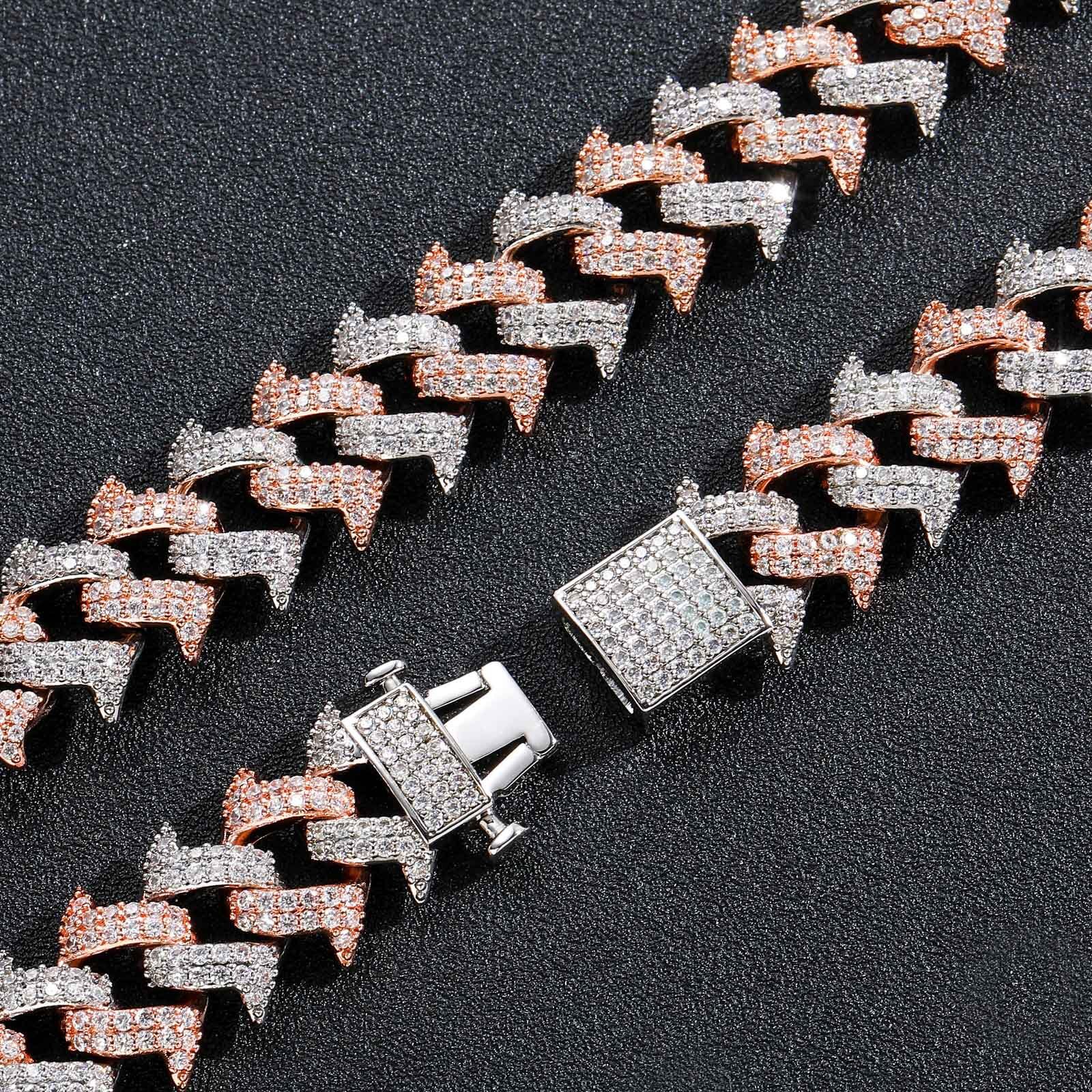 18MM Hip Hop Pink-White Zircon Spiked Thorn Cuban Chain Spring Clasp Men's VVS Moissanite Iced Out Statement Bracelet Passes the Diamond Tester