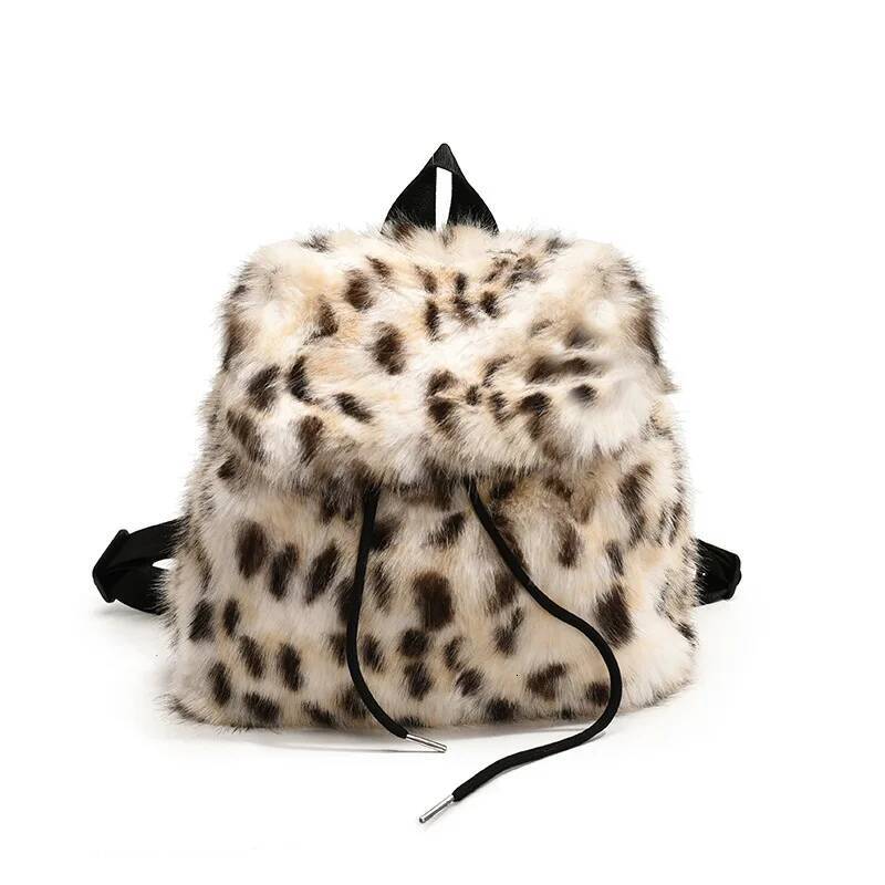 Fashion Leopard Print Drawstring Backpack Women Plush Fluffy Bag Solid Color Soft Fleece Knapsack Winter Warm Faux Fur Rucksack