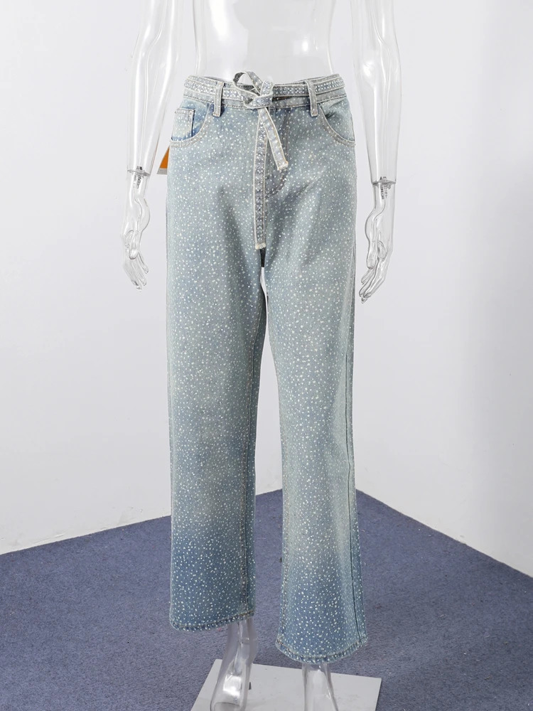 Men Women High Waist Shining Rhinestones Denim Jeans Trendy Wide Leg Baggy Pant Unisex Casual High Street Style Trousers 250624