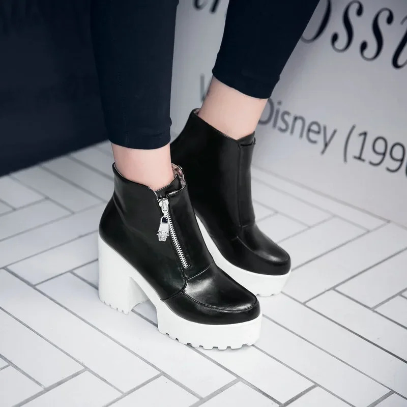 Black White Platform Ankle Boots for Women High Heels Boots Ladies Zip Autumn Winter Booties Woman Boots Shoes Ladies Shoes 250711
