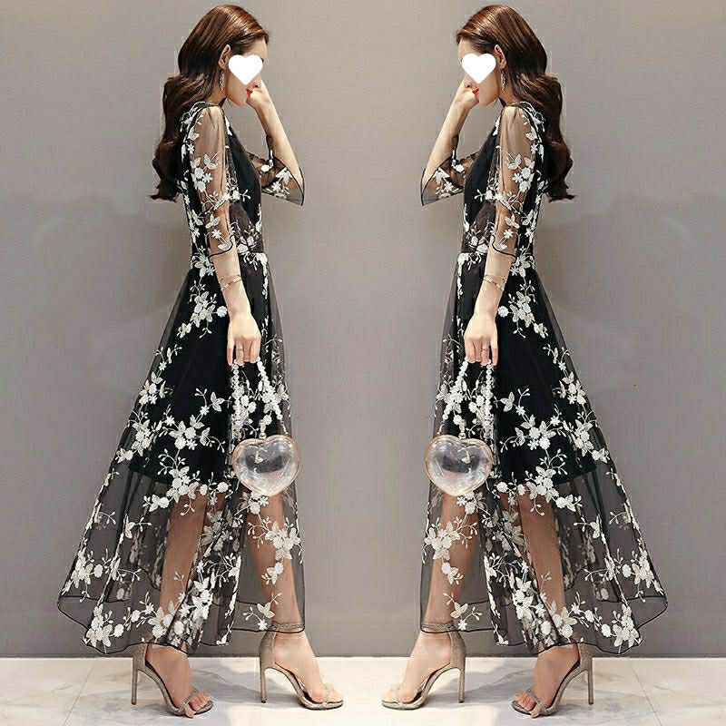 Summer Self Portrait Runway Dress Women Floral Embroidery Sequined Long es Mesh Vacation Beach Vestidos 210506