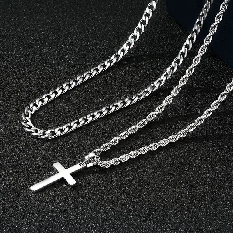 RAPRGOLD 925 Sterling Silver Cross Pendant Necklace for Men and Women Doublelayered Cuban Rope Chain Fine Jewelry Gifts collares 250625