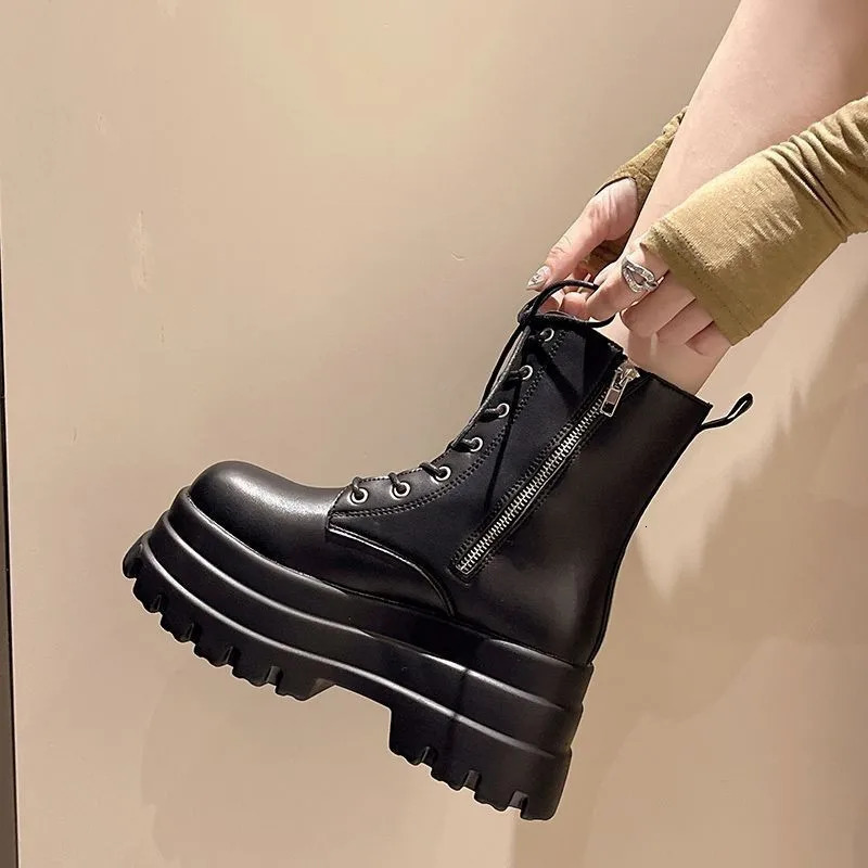 Chunky Platform Black Ankle Boots Women Shoes Spring Autumn Pu Leather Booties Mujer Punk Thick Bottom Motorcycle Boots 250625