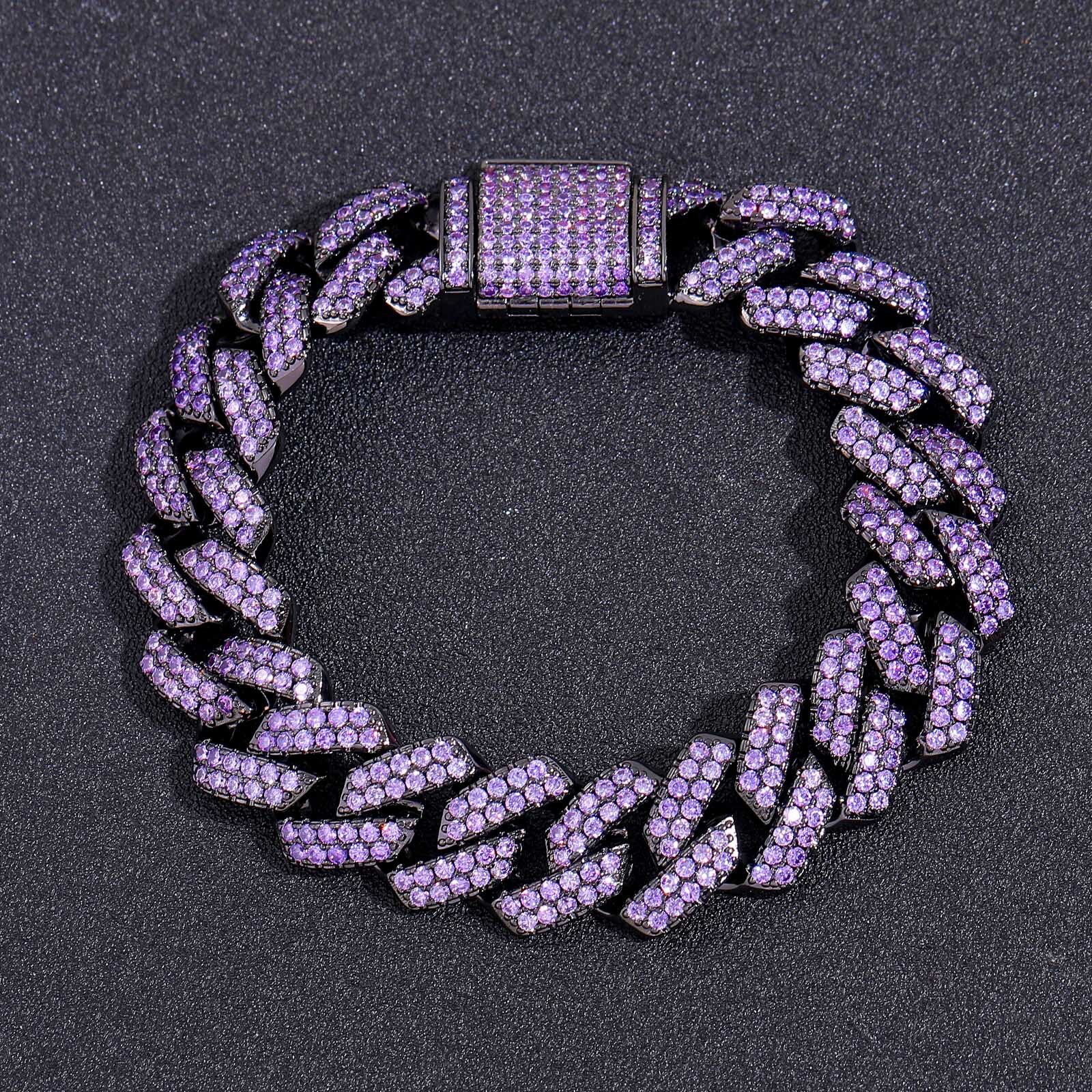 15mm Iced Out Purple Moissanite Rhombus Cuban Link Bling Hip Hop Bar Shaped Men's Bracelet Passes the Diamond Tester
