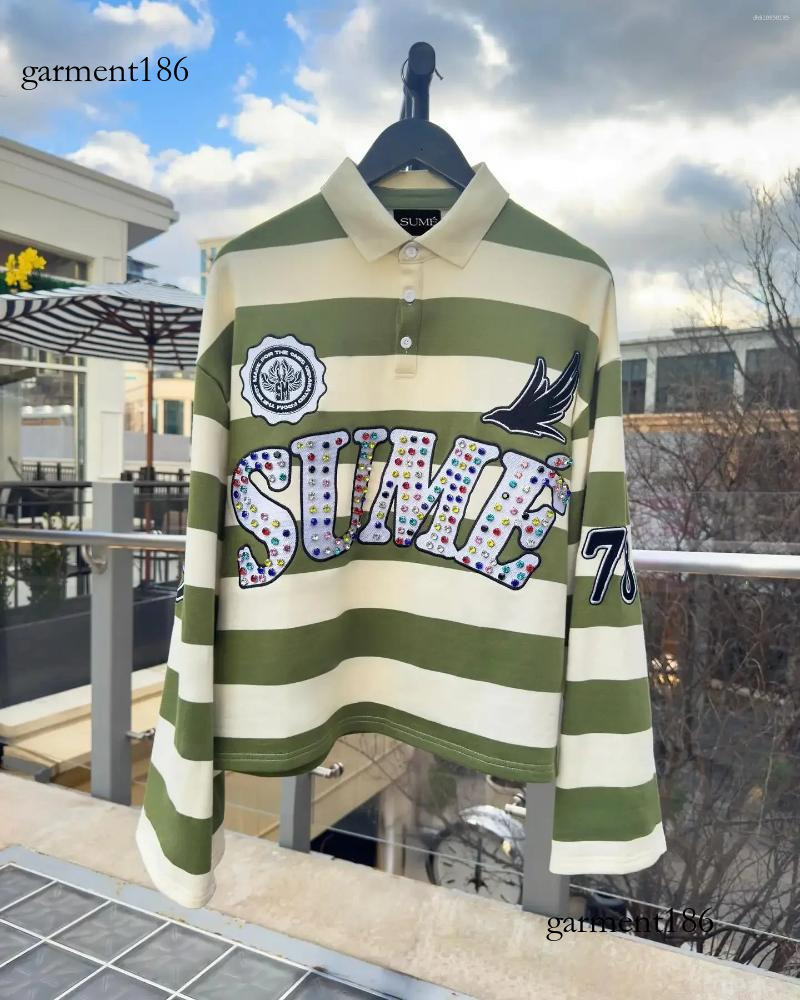 Men's T Shirts Haruku Top SUME Text Rhie Print Long Sleeved Shirt Style Retro Striped Hip-hop Street Collar be1