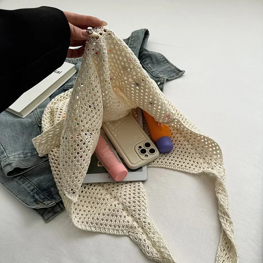 Women Boho Crochet Bag with Colored Beads Aesthetic Knit Bag Large Capacity Knitted Tote Handbag Ladies Daily Handbag 250627