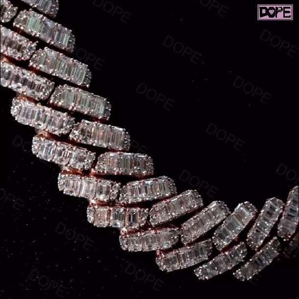 Luxury Moissanite Cuban Chain 18mm Rose Gold Emerald Cut 925 Sterling Silver Moissanite Cuban Link Chain