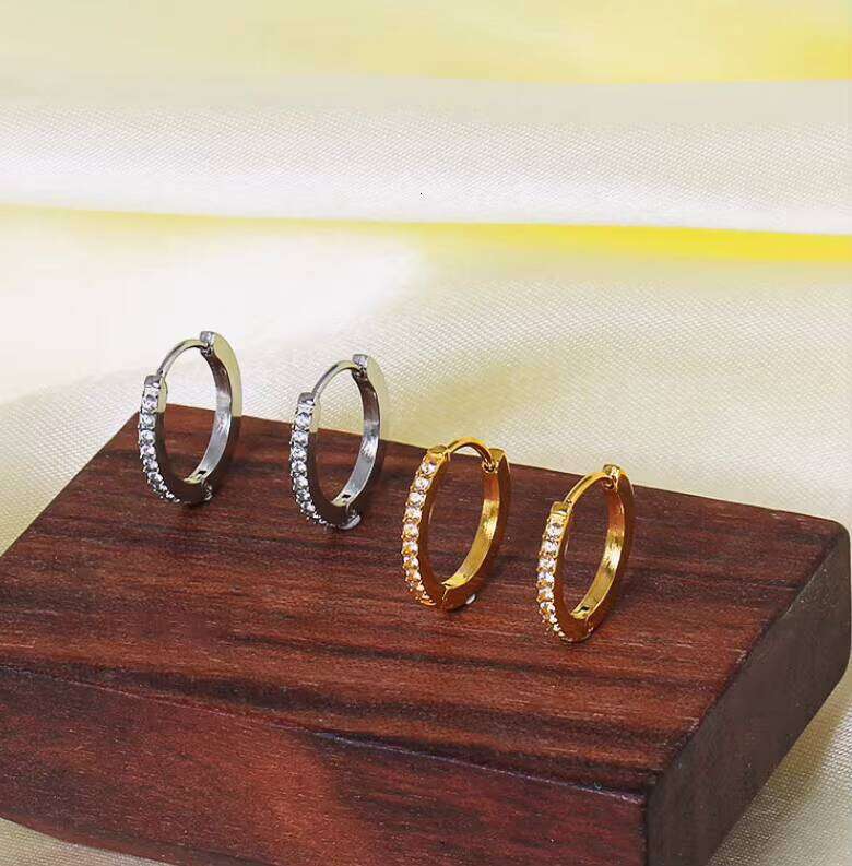 Simple Korean Fashion Trendy High Sense Stainless Titanium Steel Plain Hoop Earrings Zircon Inlay Dia Gold Jewelry