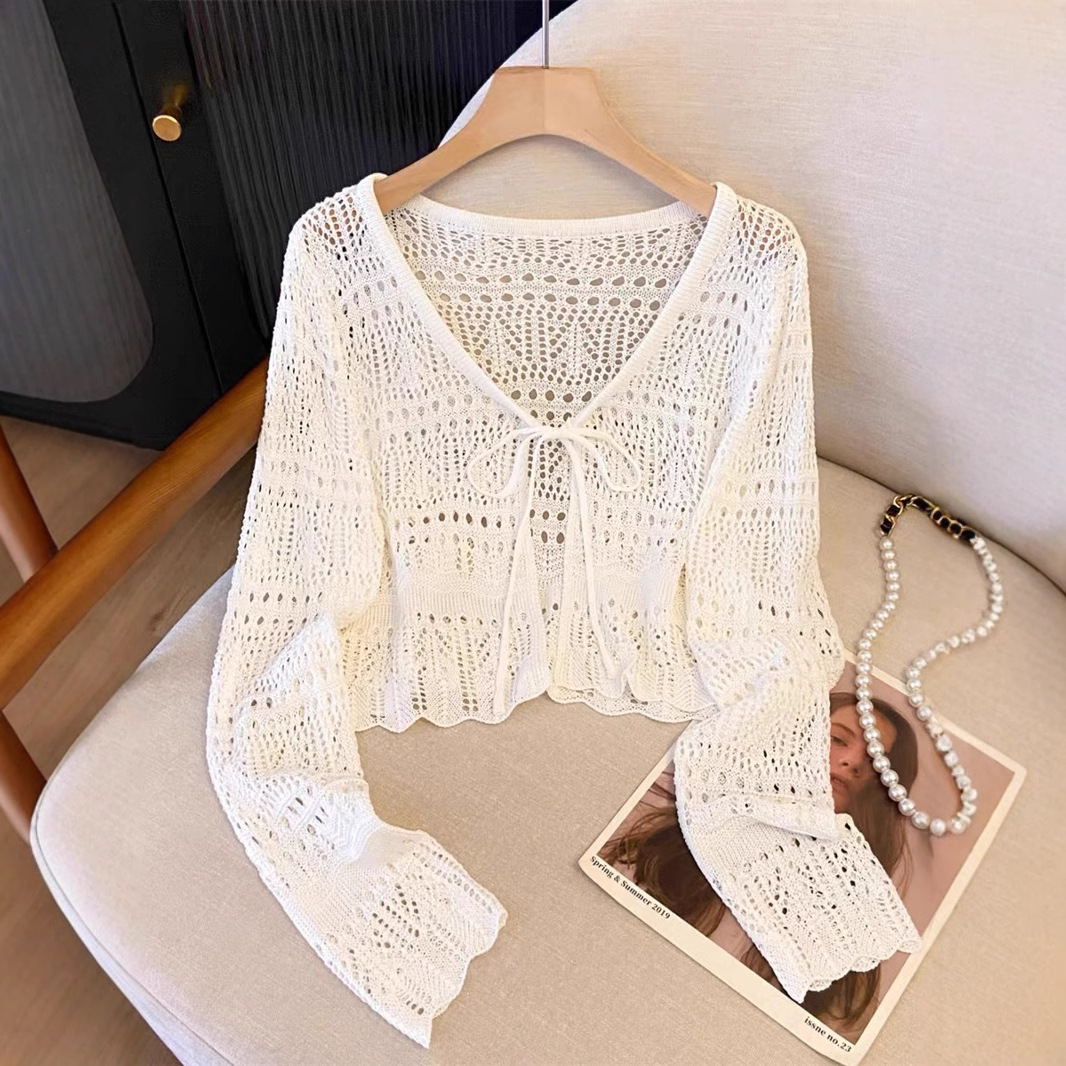 K1165 Summer custom all-match hollow hook flower linen knitted lace-up long-sleeved sunscreen cardigan shawl women's clothing outer wear ice silk