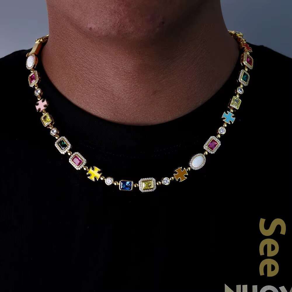 European American High-End Copper Material Necklace with Colored Gemstone Cross-Border Hip-Hop Style Wholesale for Men Women