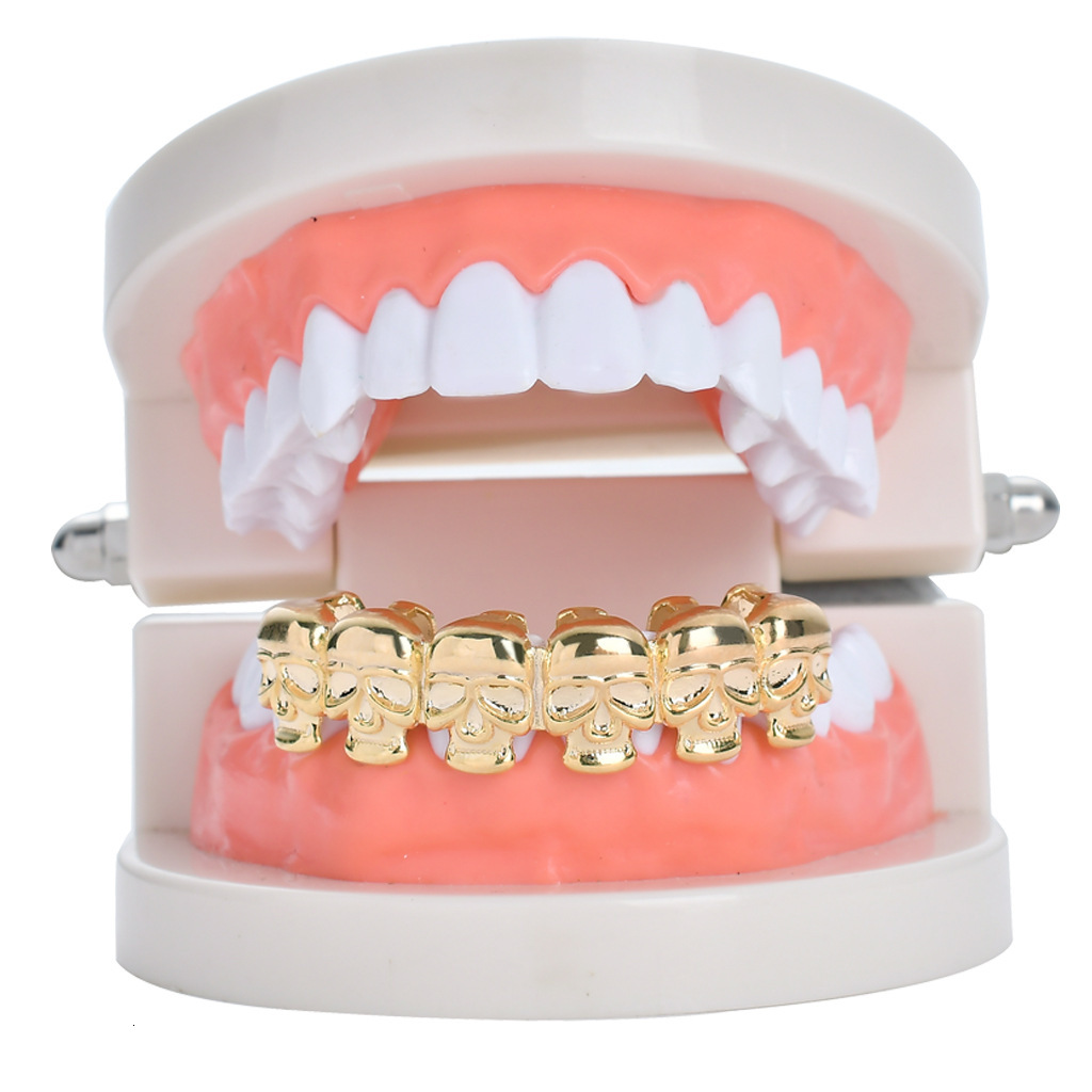 new arrival polished skull 18k solid gold hip hop grillz halloween costume accessories Rapper Costume Accessories Pass the diamond tester