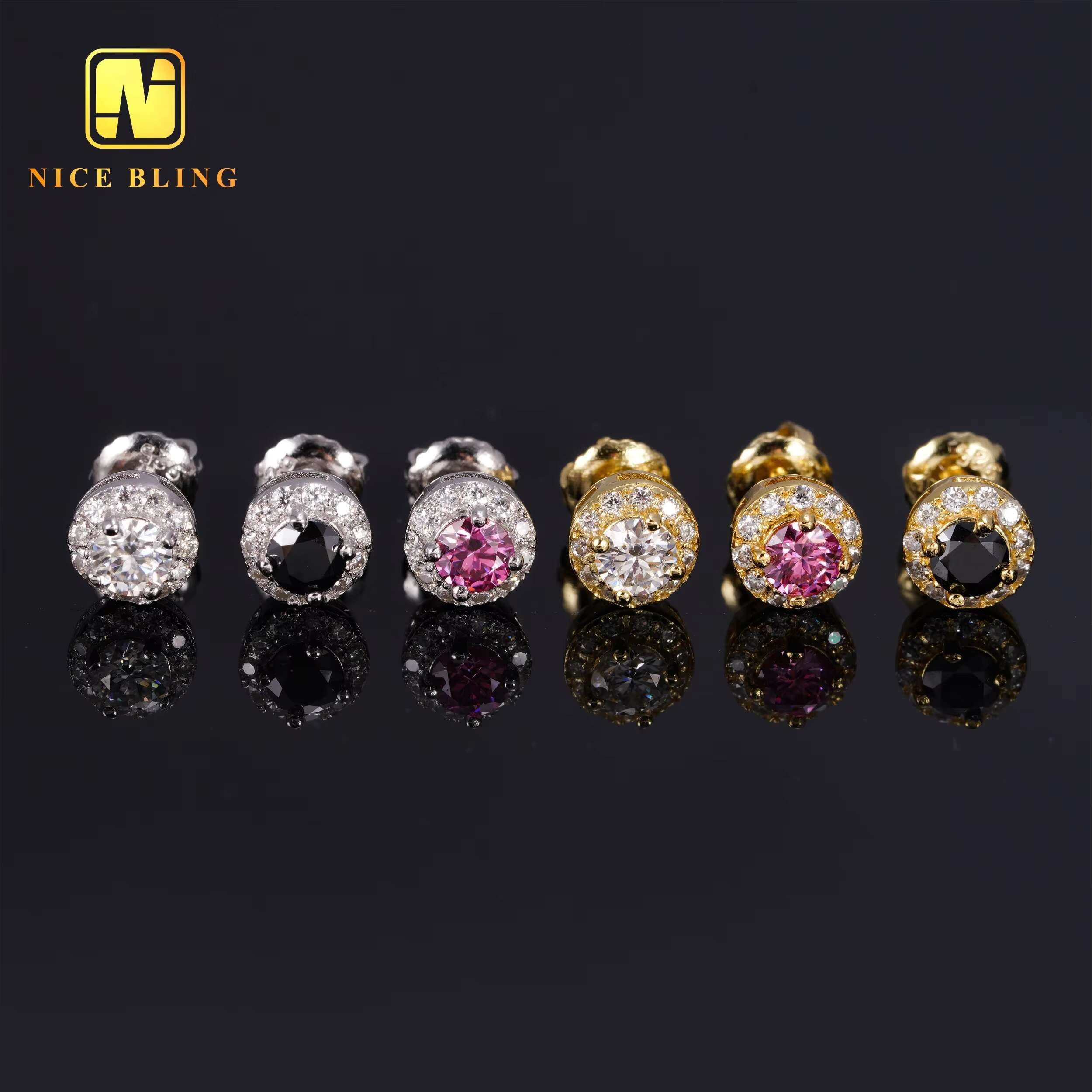 Ready to Ship Popular Moissanite Diamond Halo Earrings Men Women Hip Hop Jewelry 925 Silver Colorful Diamond Ear Studs