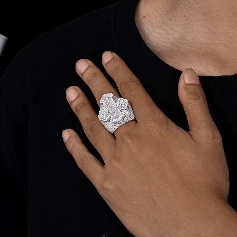 European American S925 Silver Moissanite Cross-Border Ring Versatile Trendy Mens Square Diamond Ring Cross Shape Hip-Hop Style