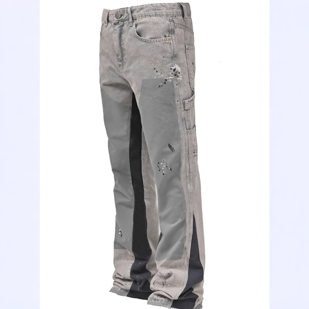 Designer Men's Jeans, Work Pants, Fashionable Retro, Elastic Patchwork Denim, Layered Flared Pants, Loose Casual Pants, Work Pants, Black Pants