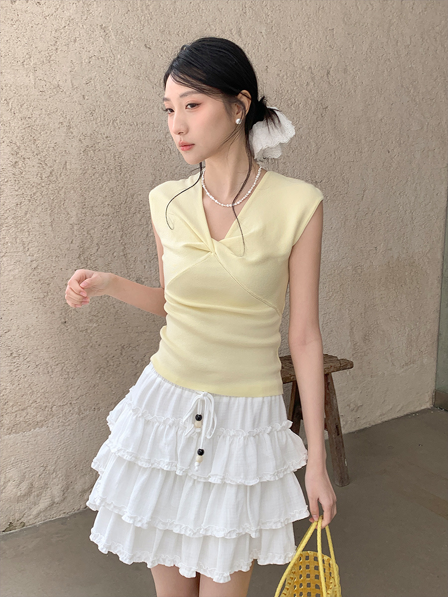 DR170 Sleeveless Sweater Women Korean Style All-match Solid Color V-neck Top