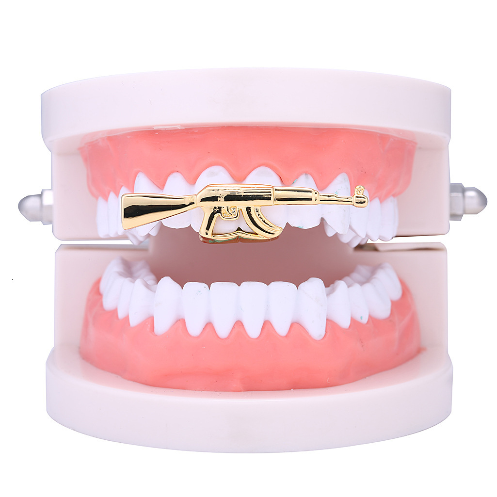Halloween Hip Hop 18k Gold Plated AK47 Rifle Design Grillz Premium Trendy Rapper Costume Accessories Pass the diamond tester
