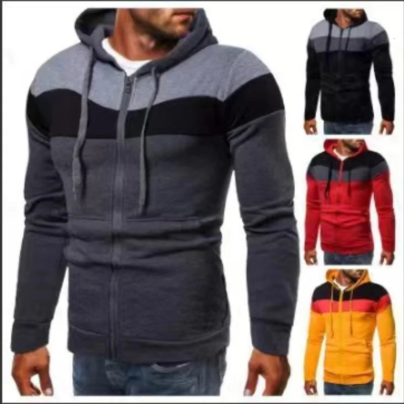 2024 mens hooded zipper splicing color sports top fleece insulation casual wear comfortable hoodie 250624