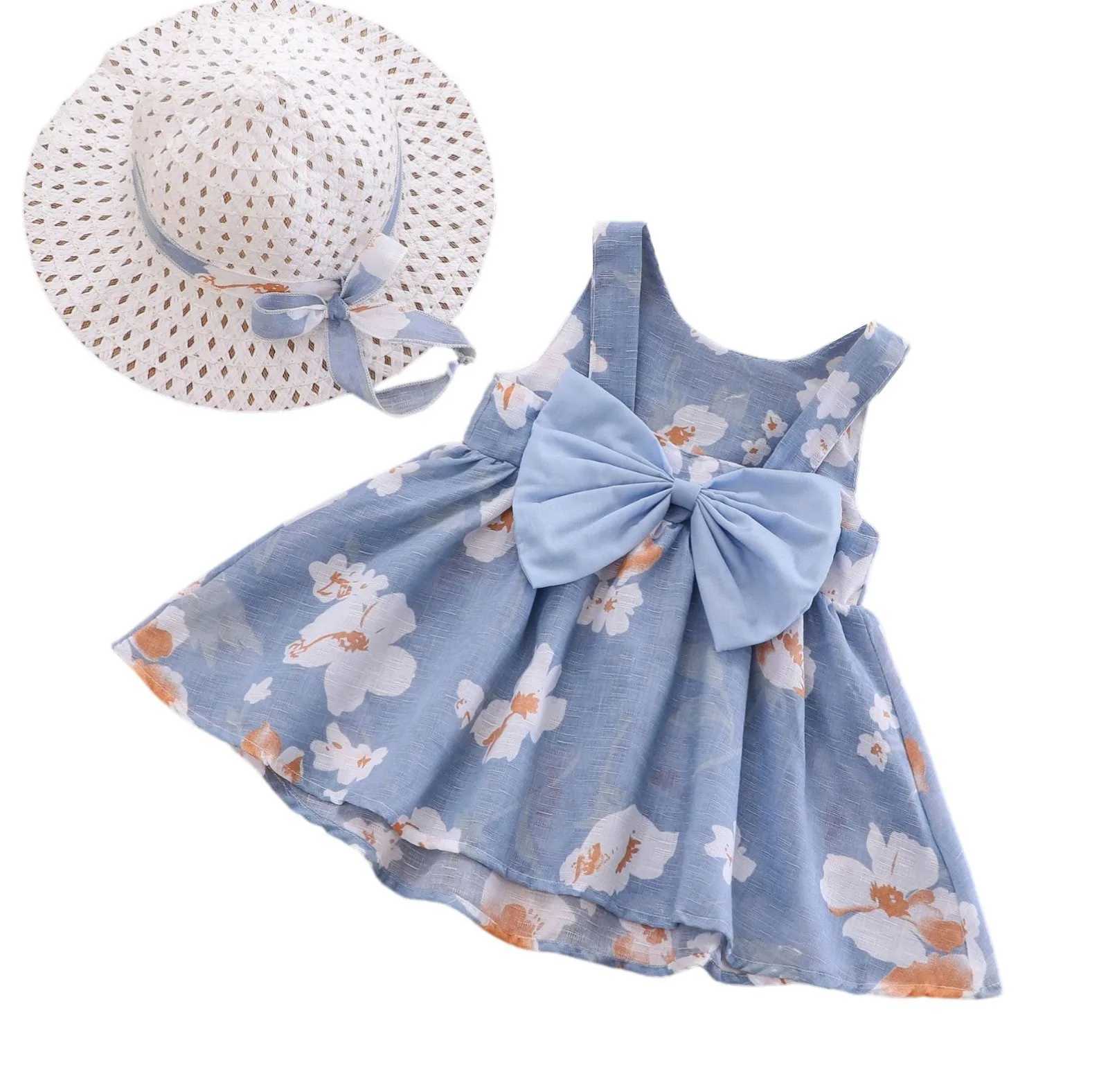 2-piece Summer Set of Baby Girl Dress Hat Girls Big Bow Casual Cotton Print Cute Round Neck Sleeveless Dress R250707